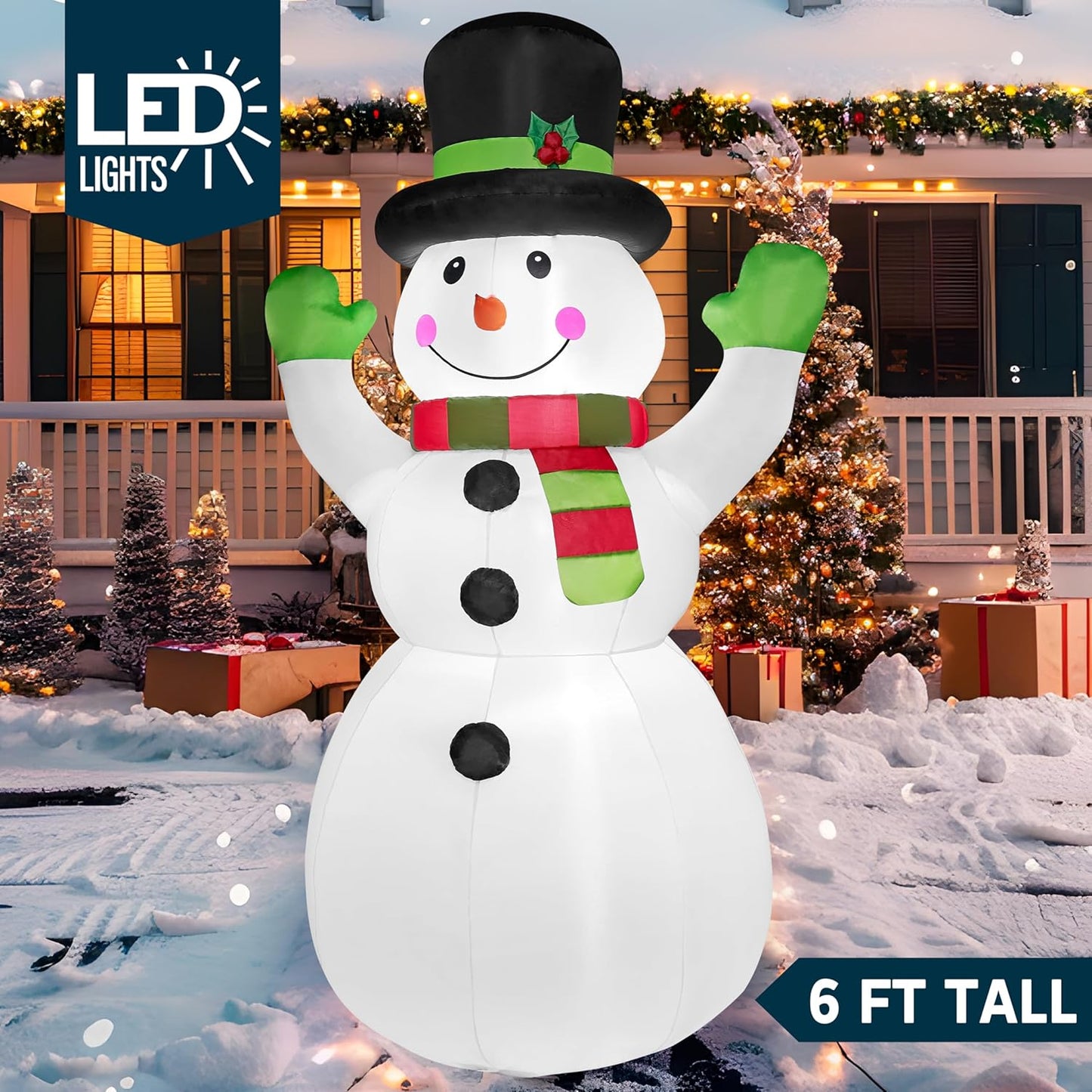 (6 FT) Tall Christmas Inflatables Snowman Decorations w/ Built-in LED with Magic Hat Winter Decoration