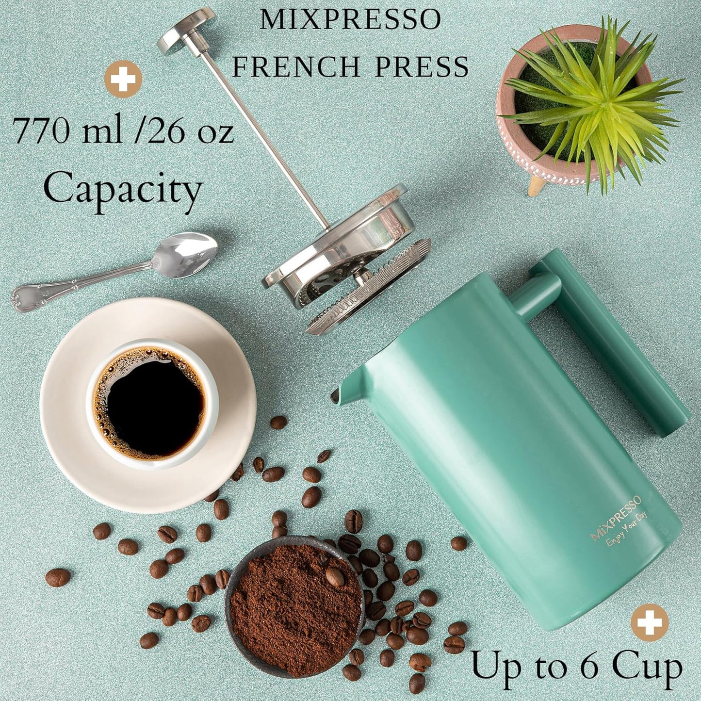 Mixpresso Groen Vlekvrye Staal Franse Pers Koffiemaker 770 ml, Dubbelwand Geïsoleerde Franse Pers Vlekvrye Staal, Maklik Skoon Teebrouer, Maklike Druk Duursame Metaal Koffiepers