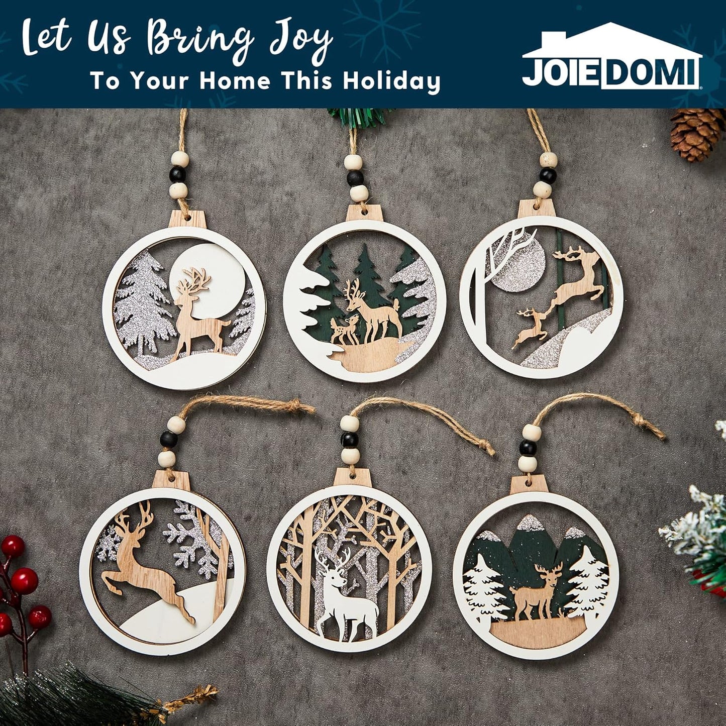 (6PCS) Christmas Wooden Ornaments  Farmhouse Rustic Reindeer, Hanging Wood Ornaments - Rustic