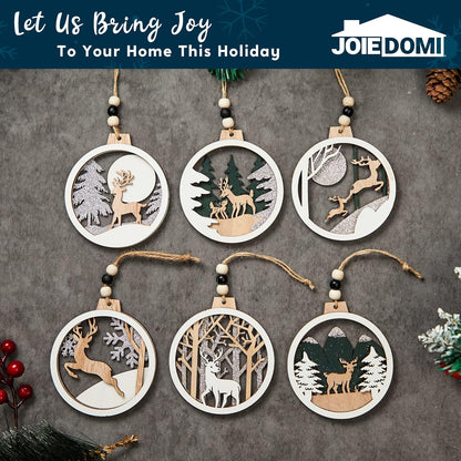 (6PCS) Christmas Wooden Ornaments  Farmhouse Rustic Reindeer, Hanging Wood Ornaments - Rustic