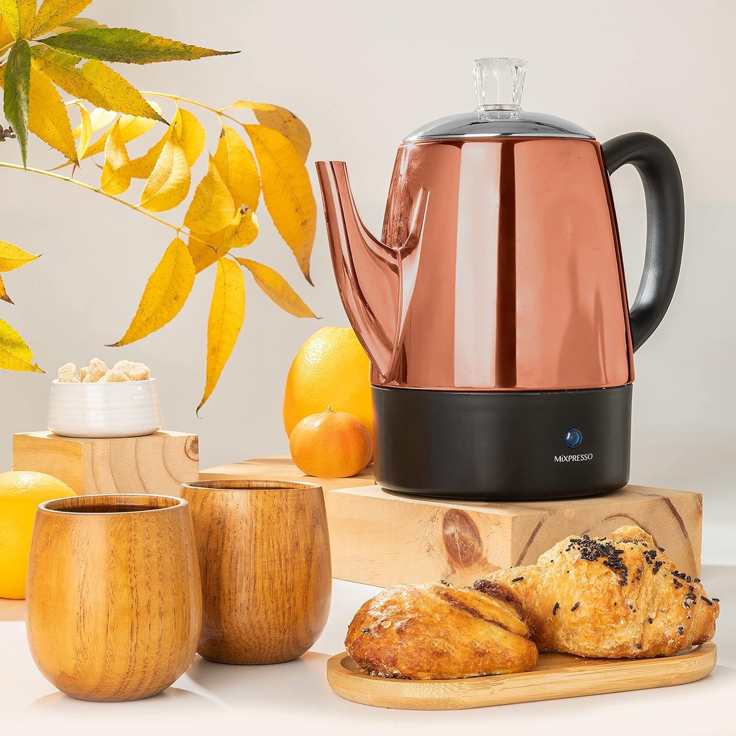 Mixpresso Elektriese Koffieperkoleerder Koperliggaam met Vlekvrye Staal Deksel Koffiemaker, Perkoleerder Elektriese Pot - 4 Koppies, Koper Kampkoffiepot