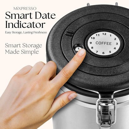 Mixpresso 16 Oz Koffiekan met Venster, Vlekvrye Staal Lugdigte Koffiehouer & skep, Fles Tee Stoor met Datumspoorder, Vakuumverseëlde Espressolugdigte Kanister, Suikerhouer