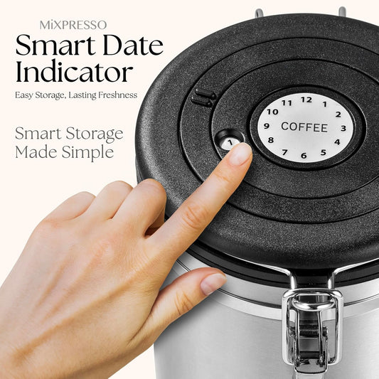 Mixpresso 16 Oz Koffiekan met Venster, Vlekvrye Staal Lugdigte Koffiehouer & skep, Fles Tee Stoor met Datumspoorder, Vakuumverseëlde Espressolugdigte Kanister, Suikerhouer