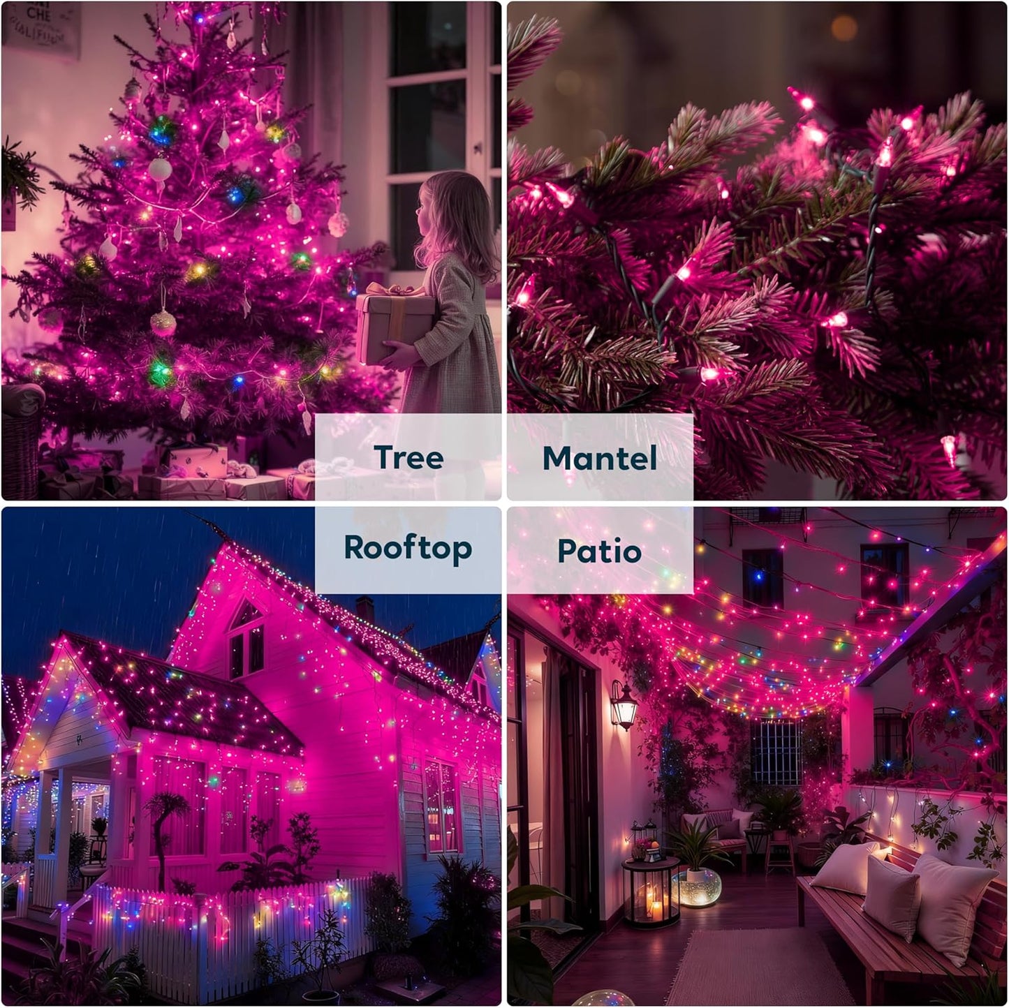 Pink Christmas Lights,42.8FT / 200 Count String Lights - Green Wire for Decorations