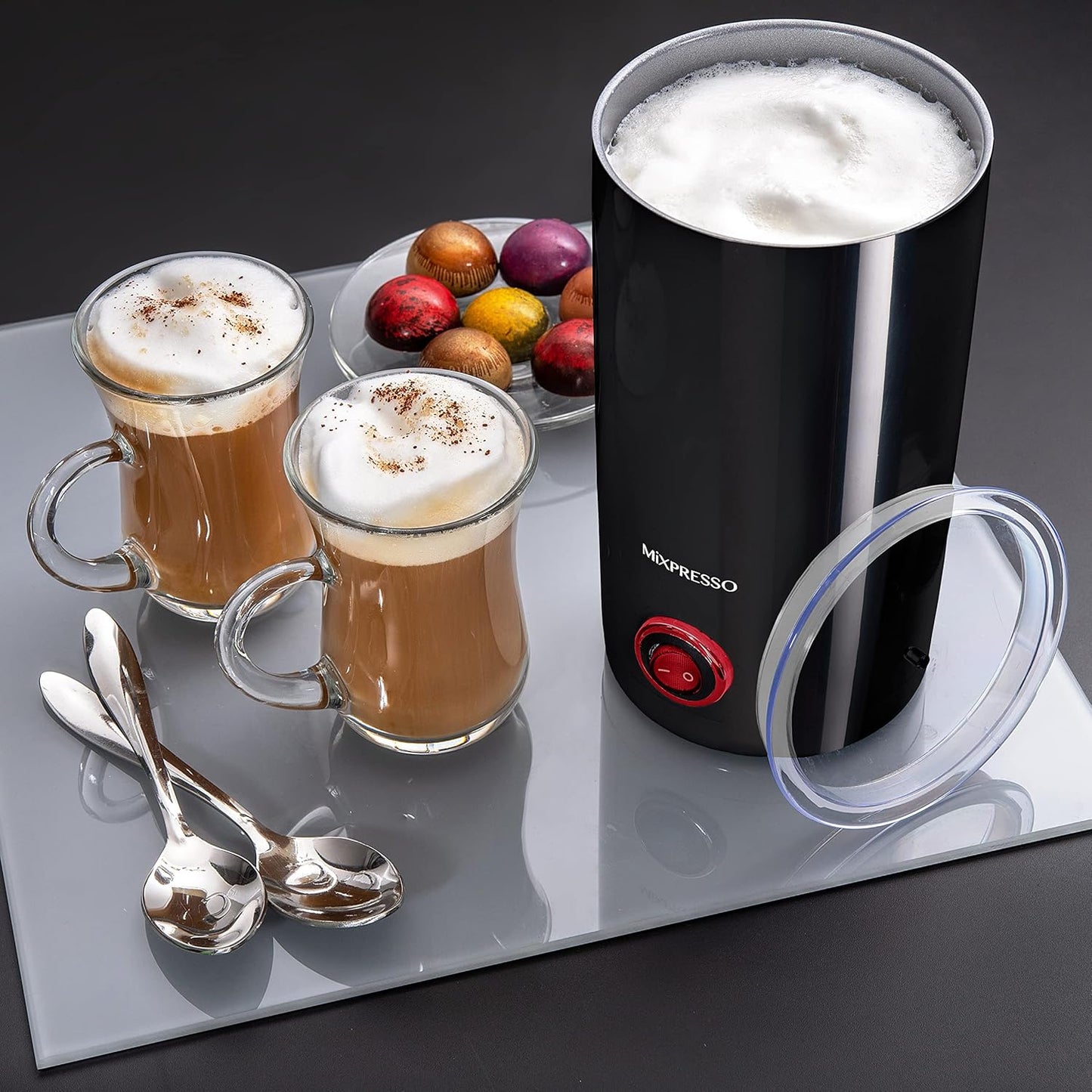 Mixpresso Elektriese Melkskuimer, Vlekvrye Staal Melkstoomtoestel & Melkwarmer, Outomatiese Afskakeling, Kleefvrye Binnekant, Koel Aanraking, 9.4 onse/6.0 onse Kapasiteit, Swart Elektriese Skuimer vir Warm Sjokolade