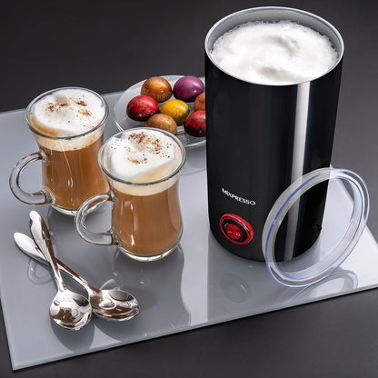 Mixpresso Elektriese Melkskuimer, Vlekvrye Staal Melkstoomtoestel & Melkwarmer, Outomatiese Afskakeling, Kleefvrye Binnekant, Koel Aanraking, 9.4 onse/6.0 onse Kapasiteit, Swart Elektriese Skuimer vir Warm Sjokolade