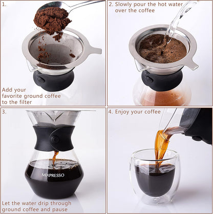 Mixpresso Pour Over Koffiemakerstel Glaskaraf Borosilikaat Wit Beskermende Silikoonmou, Pour Over Koffie-drupperbrouer Met Dubbellaag Vlekvrye Staal Filter 13.5 Oz