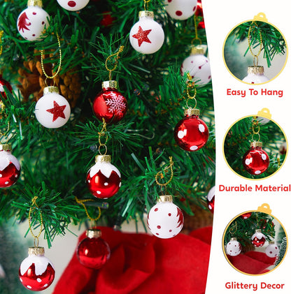 36 Stuks Kersfees Mini Bal Ornamentstel, Metaalglas Klein Balle met Glitters & Touhange - (Rooi & Wit)