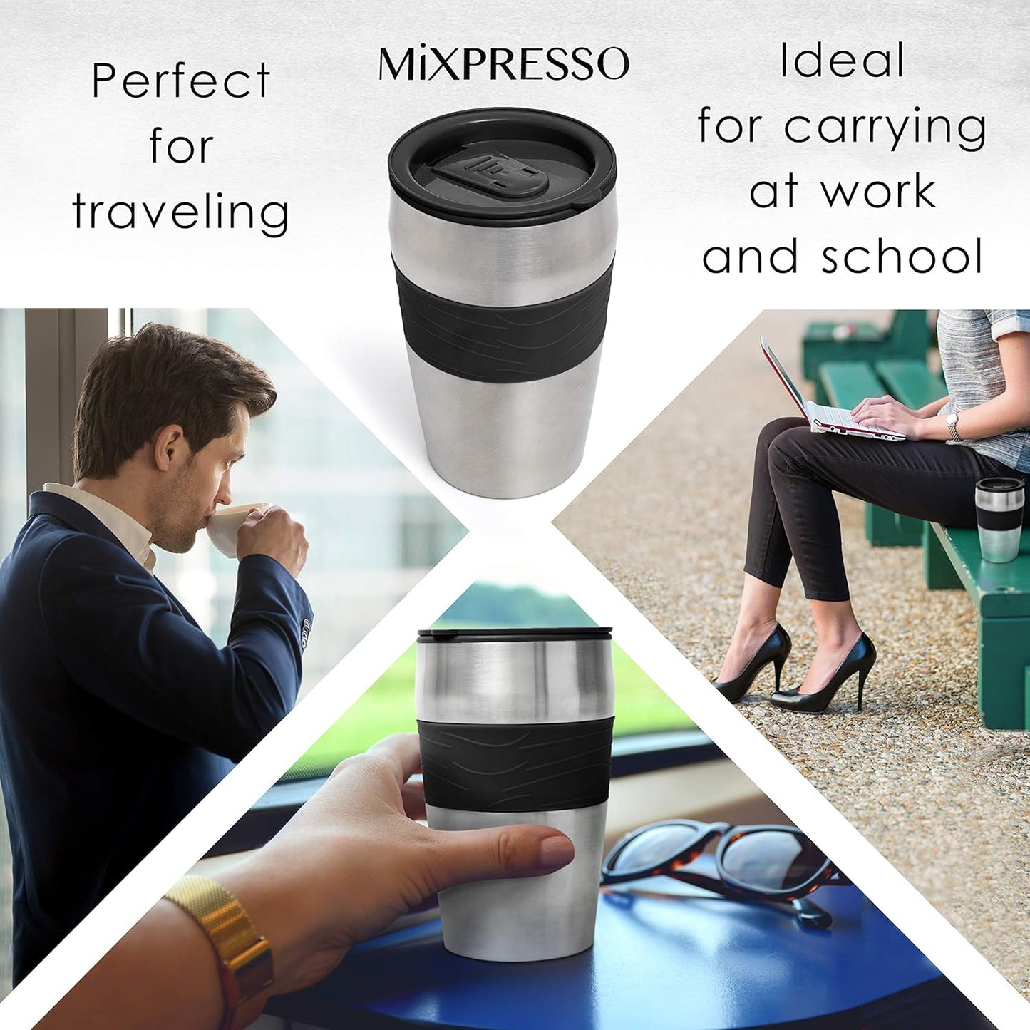 Mixpresso 2-in-1 Maal-en-Brou Outomatiese Persoonlike Koffiemaker, Outomatiese Enkelbedien-Koffiemaker met Ingeboude Maalmasjien en 14oz Reisbeker, Outo-afskakelfunksie, Swart Reiskoffiemaker
