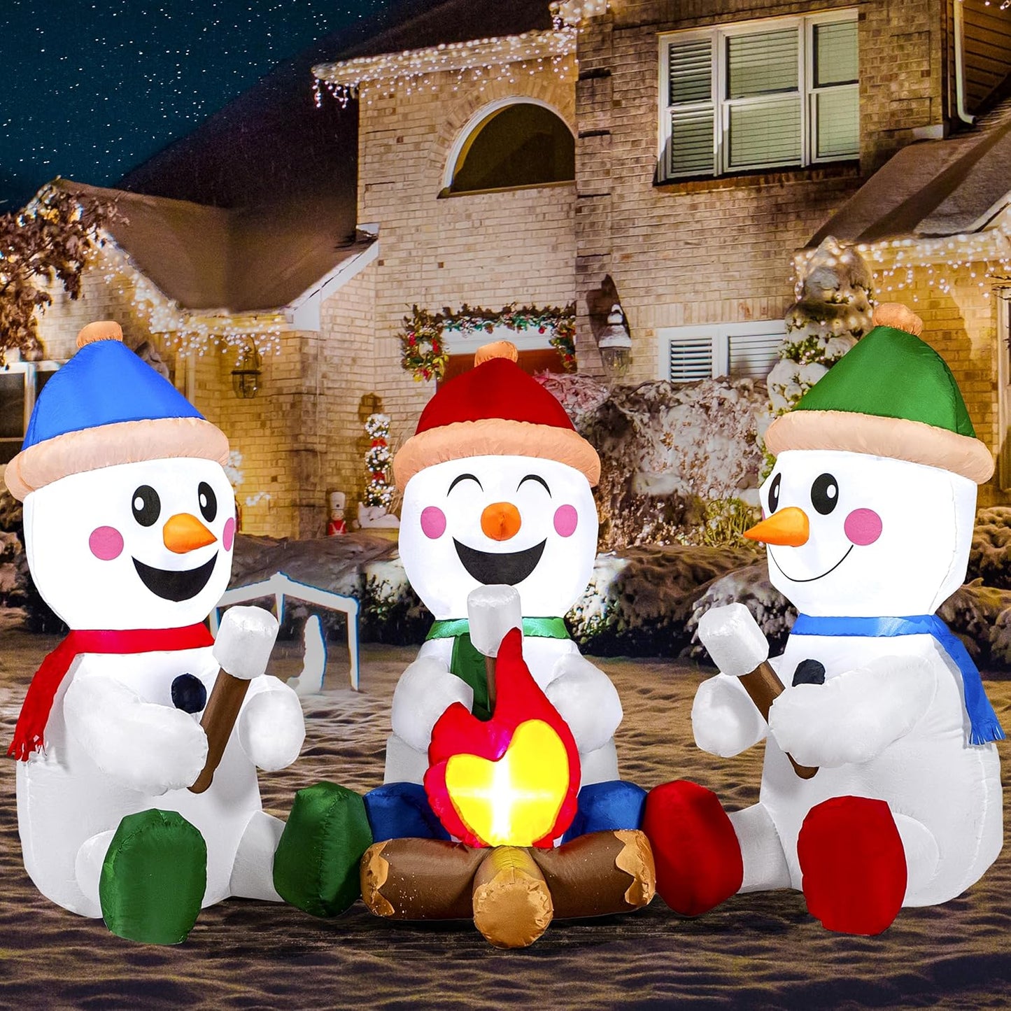 6 FT Long Christmas Inflatable Snowman w/ Campfire, 3 Pack Small Snowman Built-in LEDs Blow Up Yard Decoration