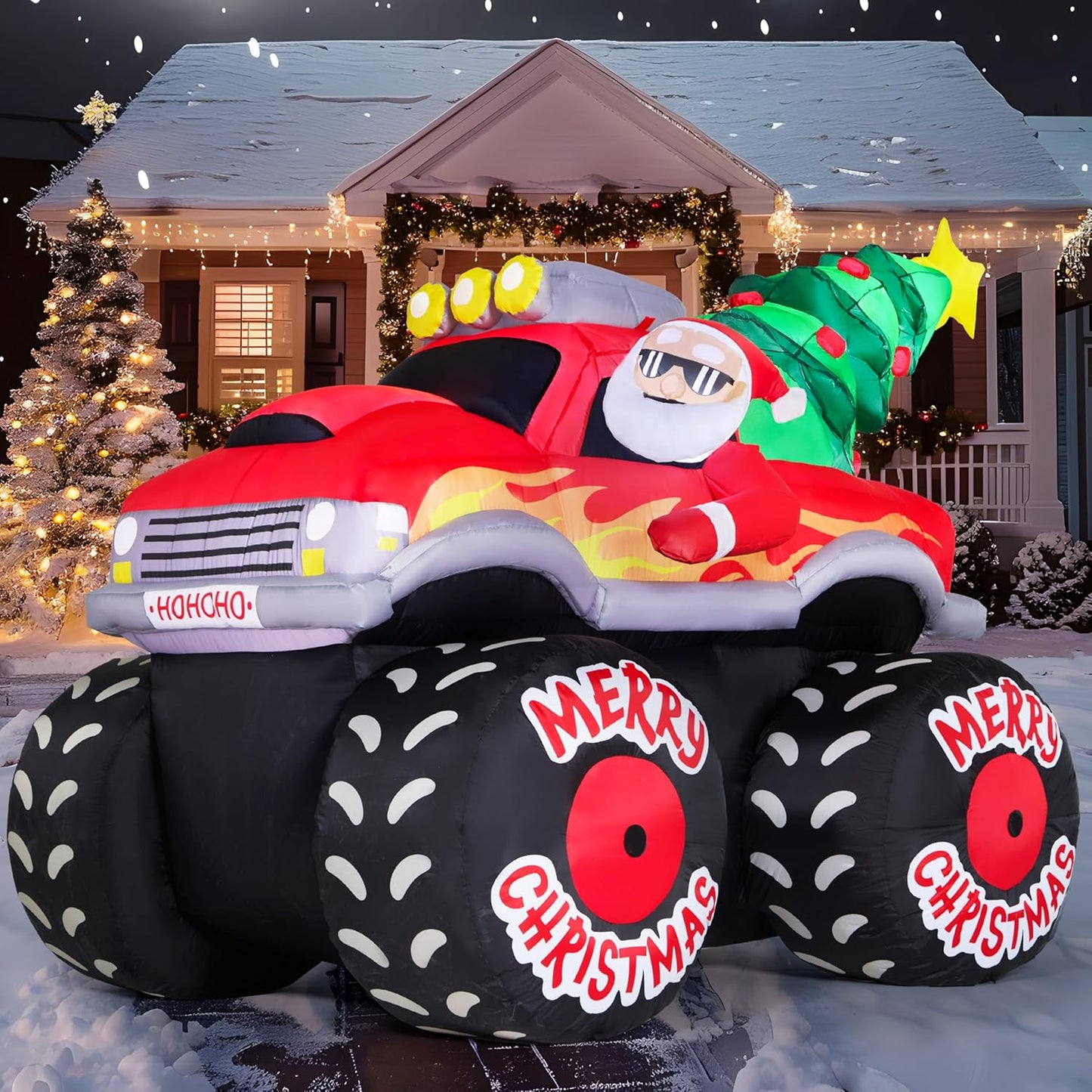 (7FT) Long Christmas Inflatable Santa Driving Truck with Christmas Tree, Blow Up Santa on Truck with Build-in LEDs for Xmas Party Decor Yard Outside Garden Holiday Decoration