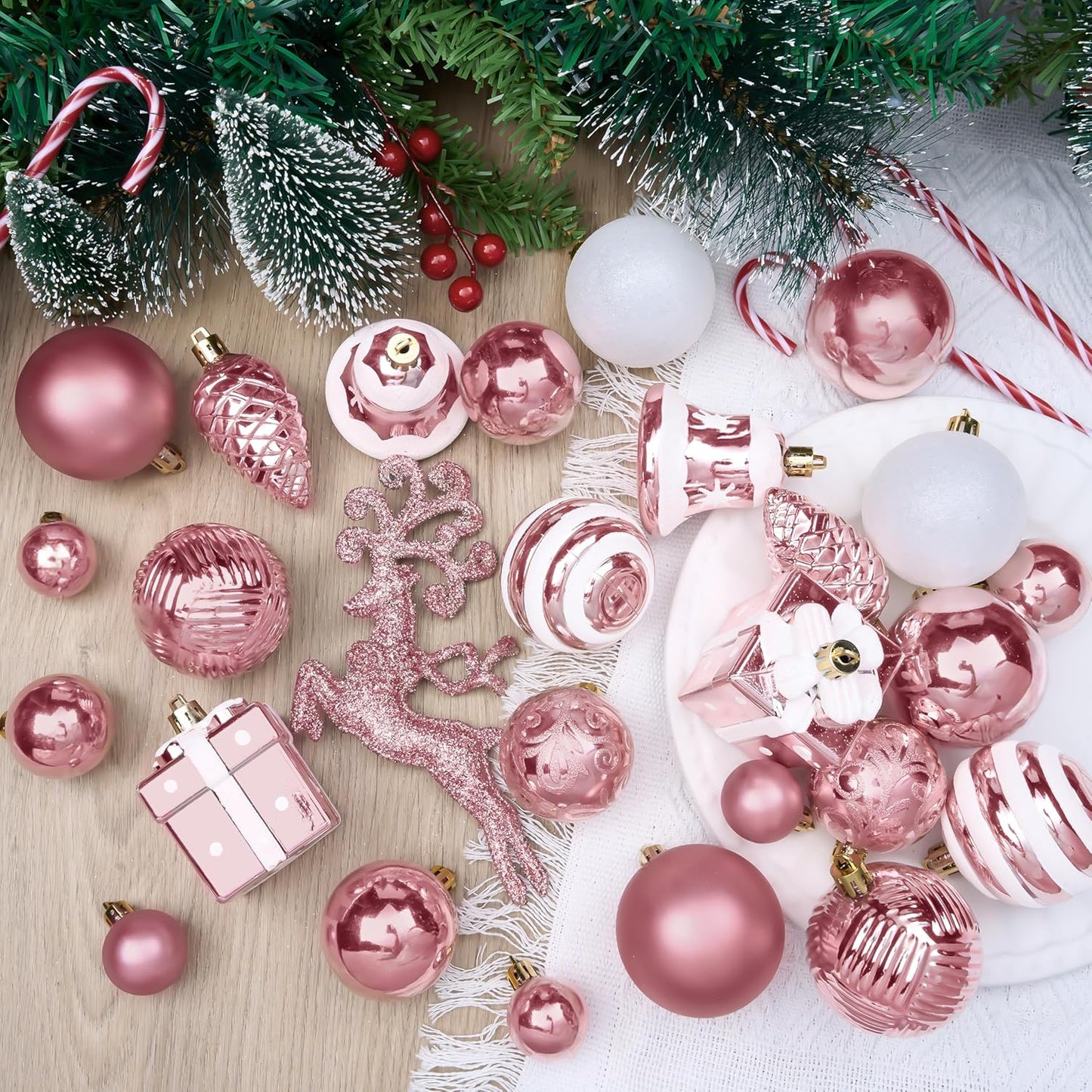 (66 PCS) Christmas Balls Ornaments Set, Pink Shatterproof Plastic Christmas Tree Ornaments Decoration