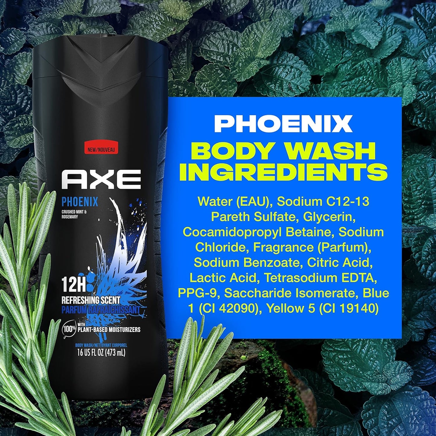 AXE Body Wash 12h Refreshing Scent Phoenix Crushed Mint and Rosemary Men's Body Wash w/ 100% Plant-Based Moisturizers (16 oz)