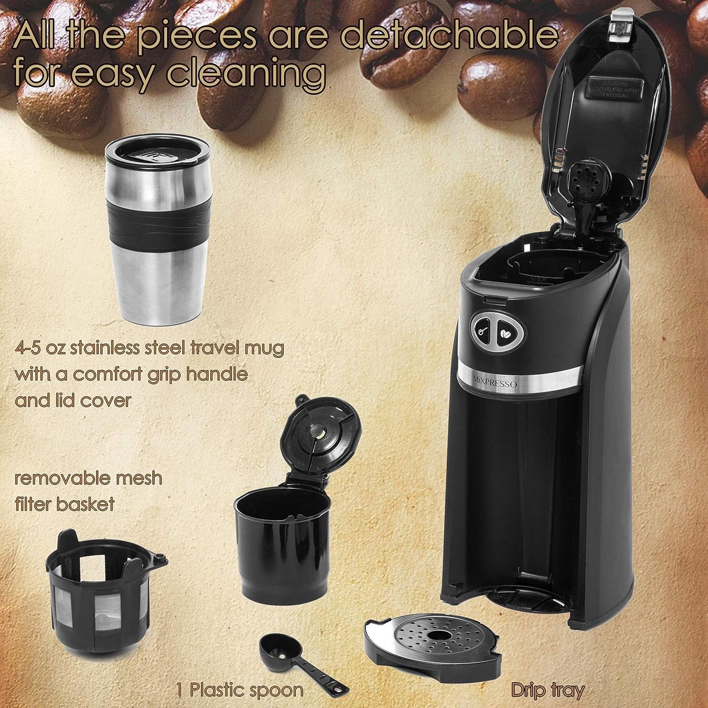 Mixpresso 2-in-1 Maal-en-Brou Outomatiese Persoonlike Koffiemaker, Outomatiese Enkelbedien-Koffiemaker met Ingeboude Maalmasjien en 14oz Reisbeker, Outo-afskakelfunksie, Swart Reiskoffiemaker
