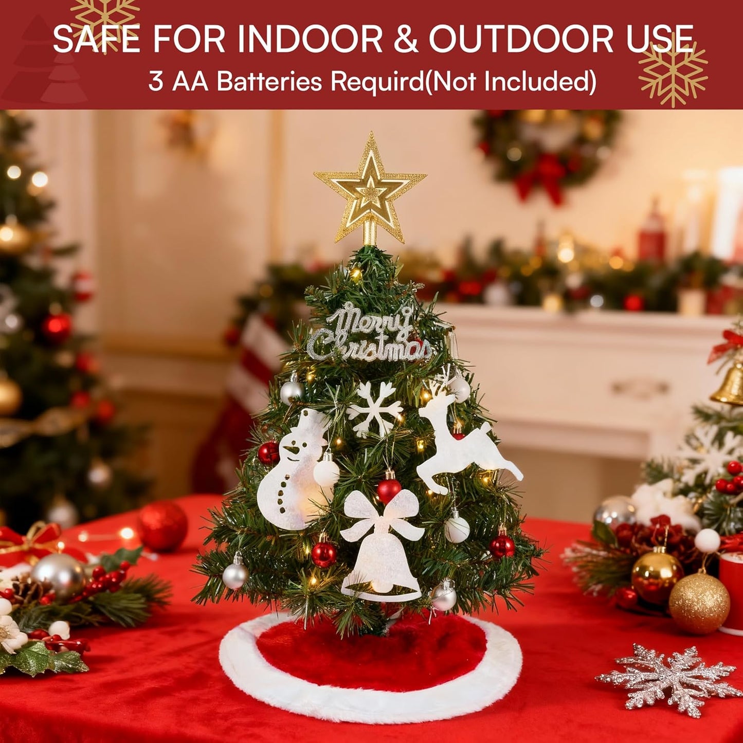 24"/2FT Small Christmas Tree w/ Lights Star Tree Top and Ornaments - Battery Operated Pre-lit
