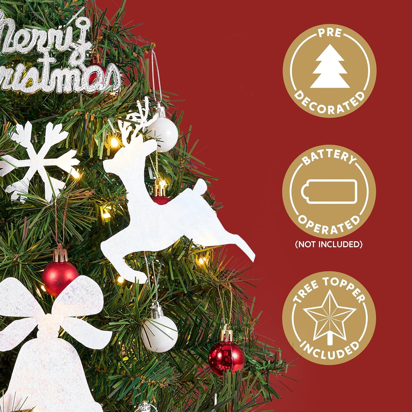 24"/2FT Small Christmas Tree w/ Lights Star Tree Top and Ornaments - Battery Operated Pre-lit