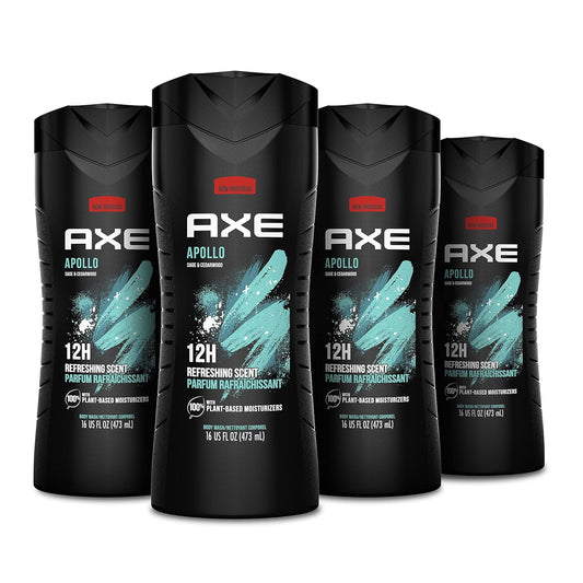 AXE Body Wash Apollo Long Lasting Freshness Sage & Cedarwood Men's Body Wash with Odor-Busting Prebiotics - 16 oz (Pack of 4)