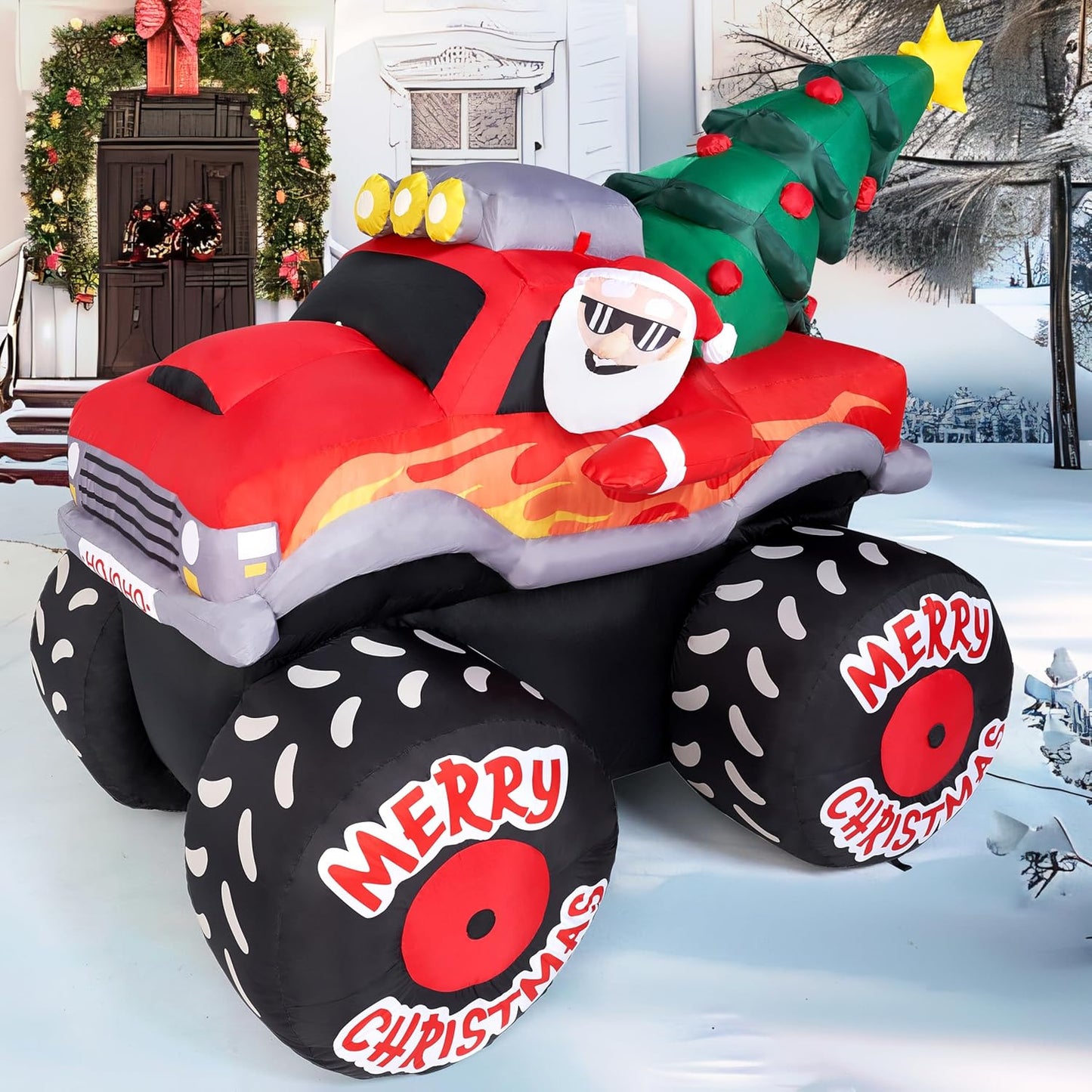 (7FT) Long Christmas Inflatable Santa Driving Truck with Christmas Tree, Blow Up Santa on Truck with Build-in LEDs for Xmas Party Decor Yard Outside Garden Holiday Decoration