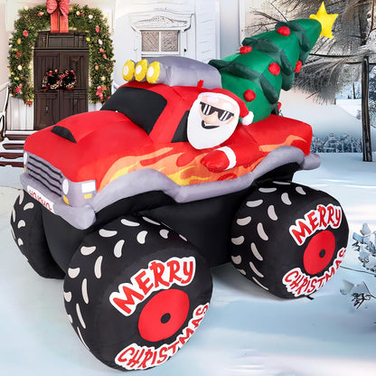 (7FT) Long Christmas Inflatable Santa Driving Truck with Christmas Tree, Blow Up Santa on Truck with Build-in LEDs for Xmas Party Decor Yard Outside Garden Holiday Decoration