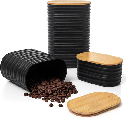 Mixpresso Black Canisters Sets for the Kitchen – 3-Piece Airtight Plastic Sugar Container Set with Bamboo Lids in Three Different Sizes – Decorative Modern Storage Jars for Coffee, Tea & Countertops