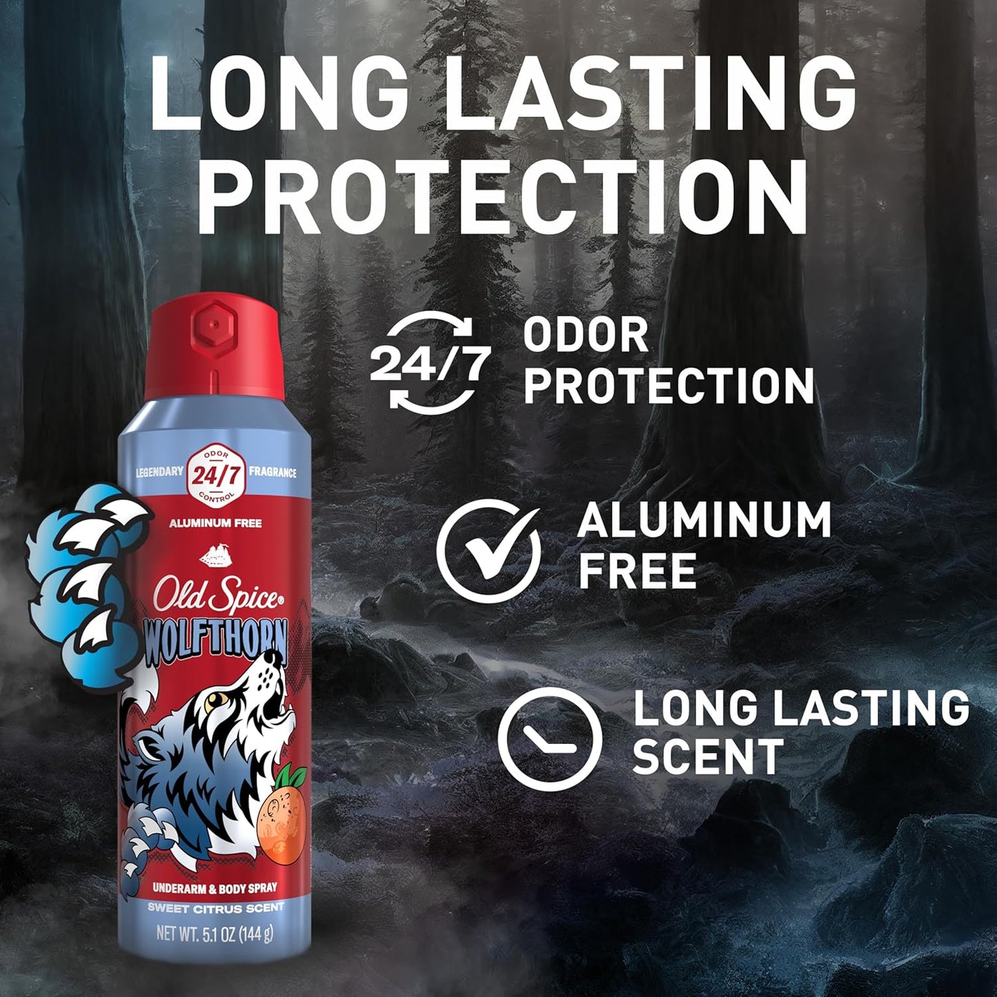 Old Spice Aluminum Free Body Spray for Men, 24/7 Odor Protection, Cologne Quality - Wolfthorn w/ Sweet Citrus Scent (Pack of 3)