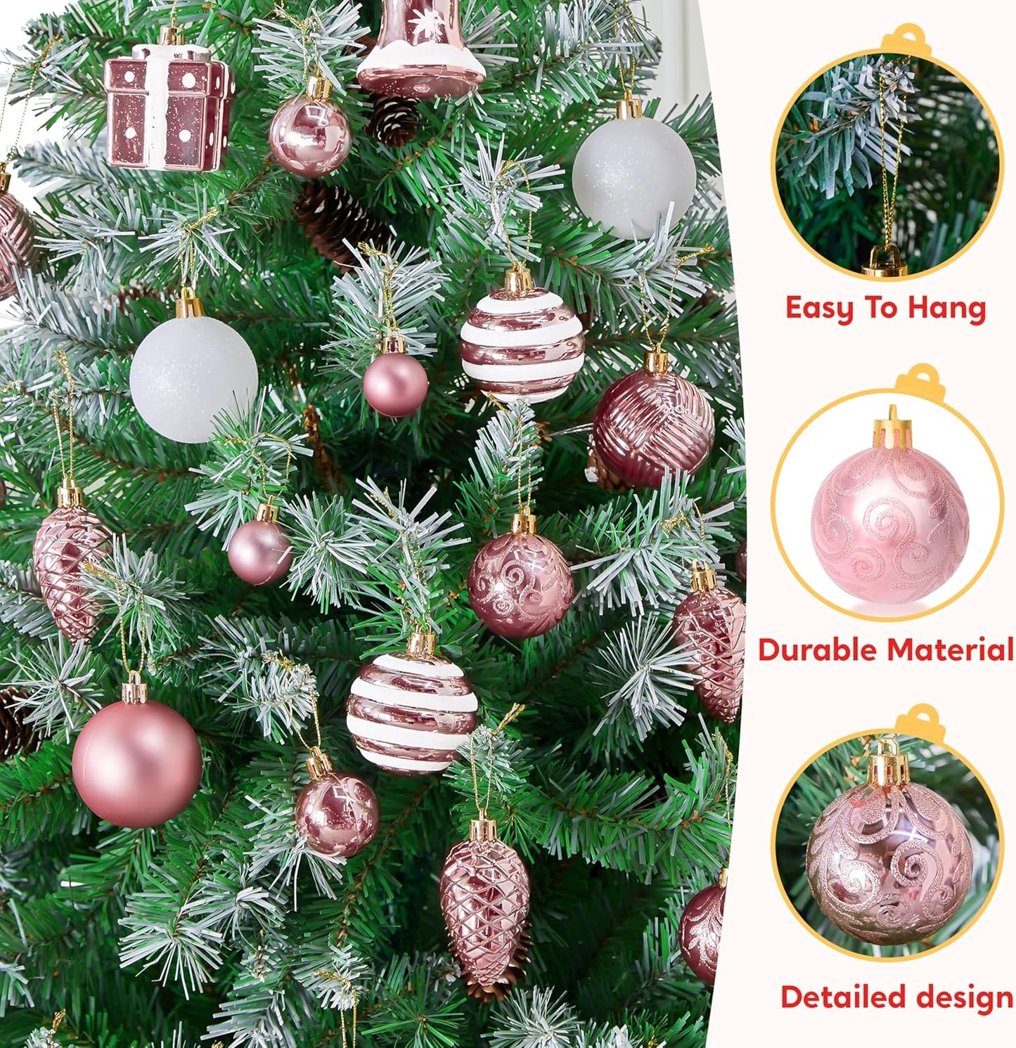 (66 PCS) Christmas Balls Ornaments Set, Pink Shatterproof Plastic Christmas Tree Ornaments Decoration