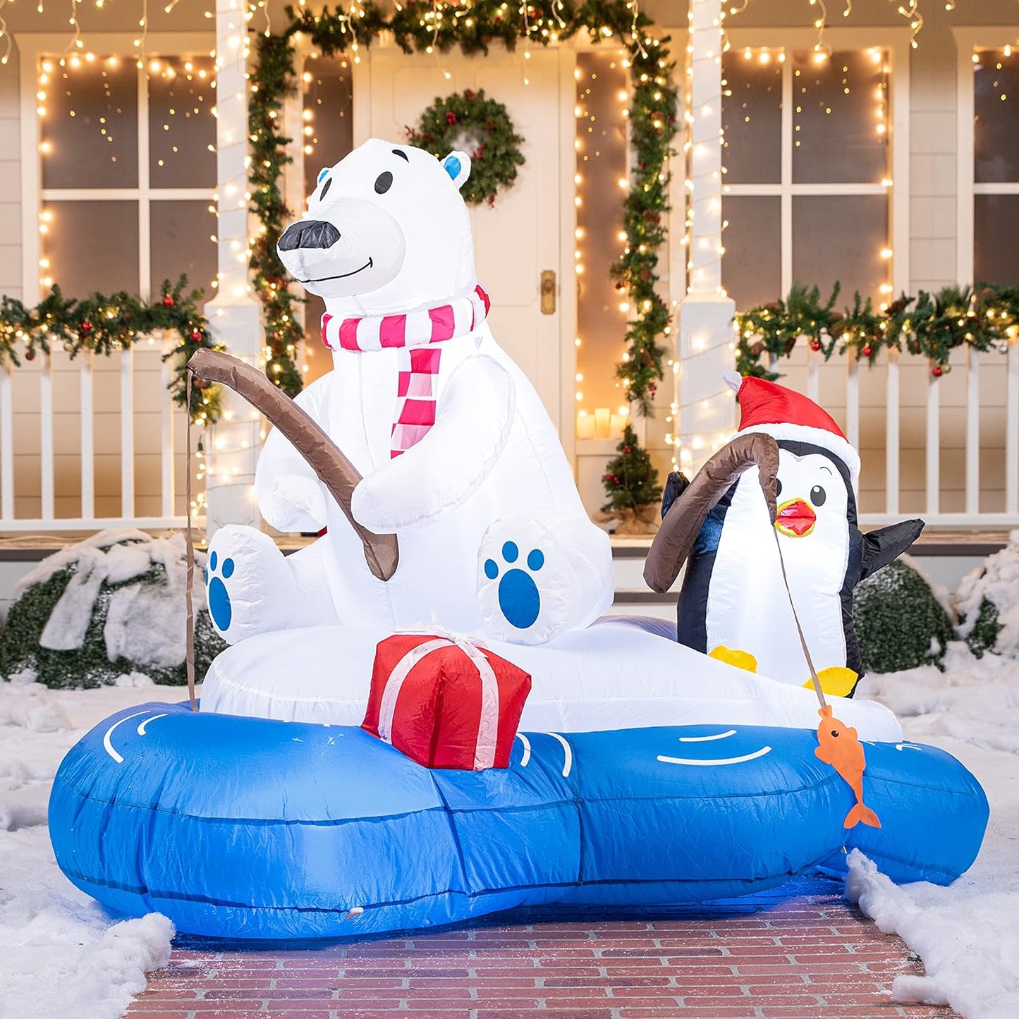 (6FT) Long Christmas Inflatable Polar Bear Fishing w/ Penguin Decoration, Blow Up w/ Built-in LEDs