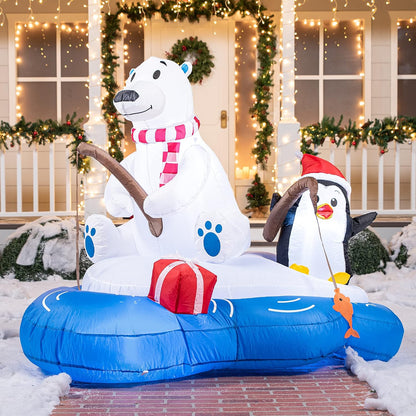 (6FT) Long Christmas Inflatable Polar Bear Fishing w/ Penguin Decoration, Blow Up w/ Built-in LEDs