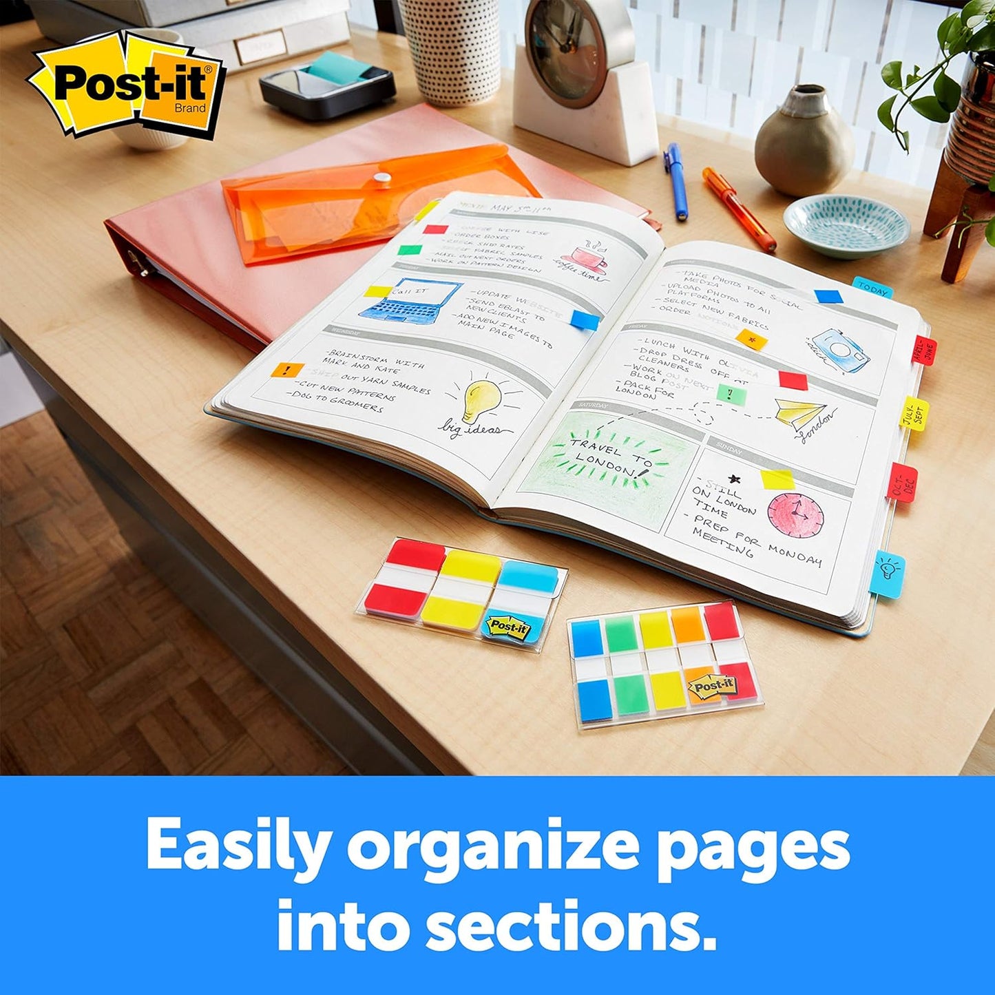 Post-it Tabs, 1 in Solid, Aqua, Yellow, Pink, Red, Green, Orange, 6/Color, 36/Dispenser (Pack of 2)
