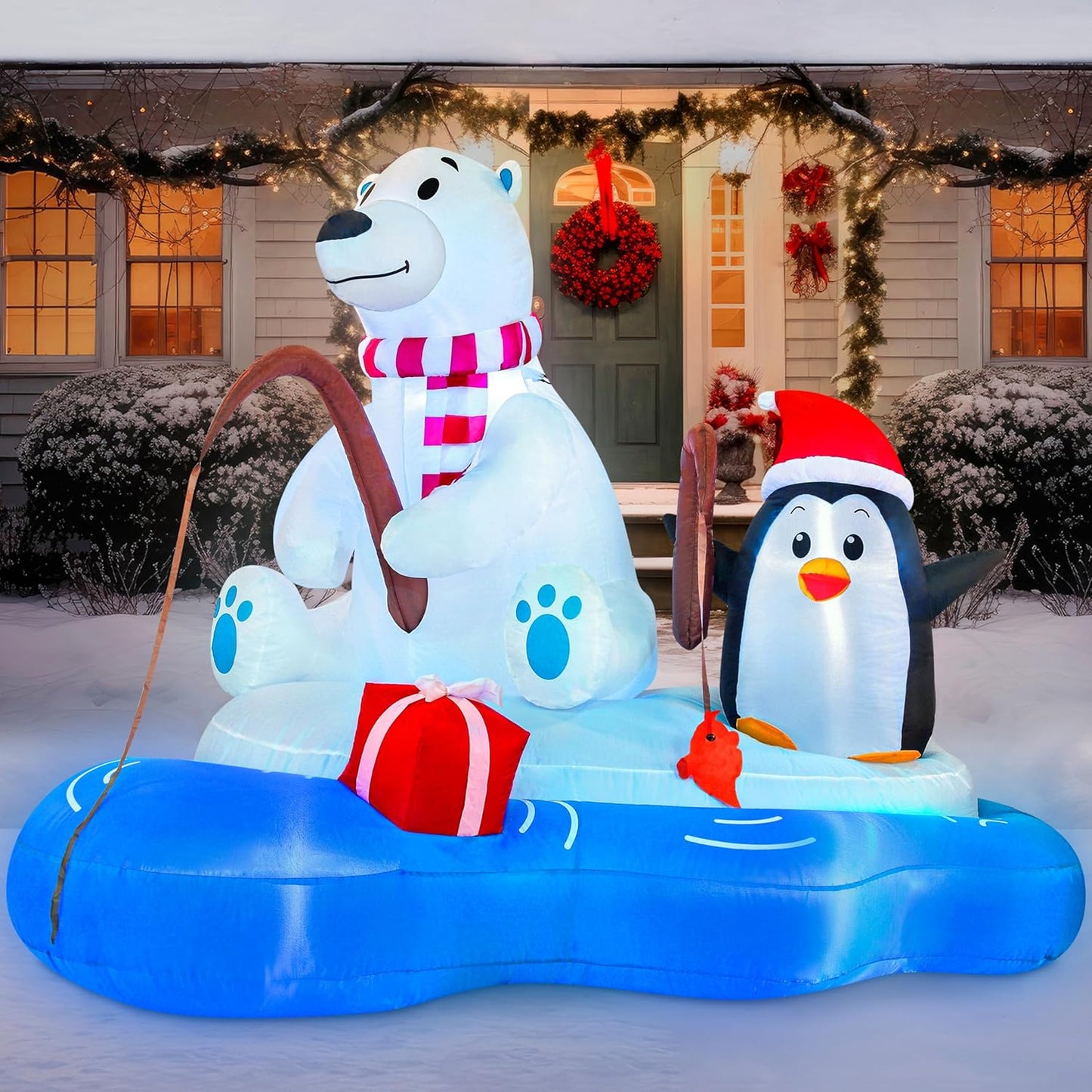 (6FT) Long Christmas Inflatable Polar Bear Fishing w/ Penguin Decoration, Blow Up w/ Built-in LEDs
