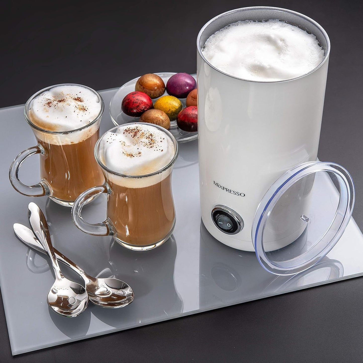 Mousseur à Lait Électrique Mixpresso, Cuiseur Vapeur et Chauffe-Lait en Acier Inoxydable, Arrêt Automatique, Intérieur Antiadhésif, Froid au Toucher, Capacité 280ml/180ml, Mousseur Électrique Blanc