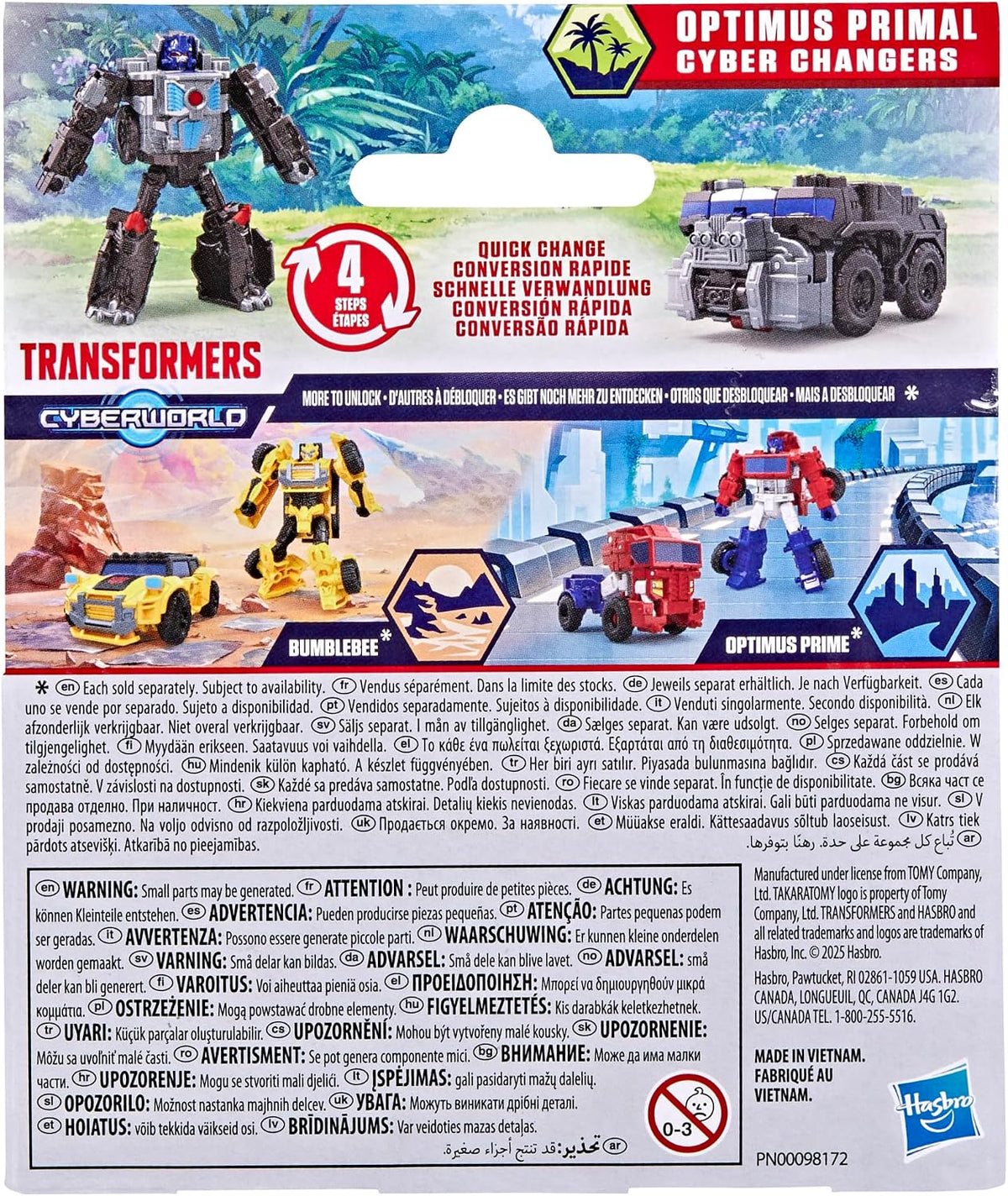 Transformers CYBERWORLD Optimus Primal Cyber Changers 4-Inch Action Figure, Quick Change to Truck Mode, Robot Toys for Boys and Girls 6 and Up