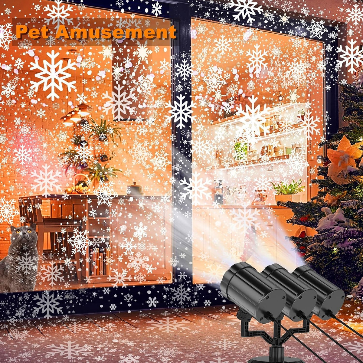 Christmas Three Head Snowflake Projector  Upgraded Multi-Mode 360°Rotating, Waterproof Holiday Decorations - White
