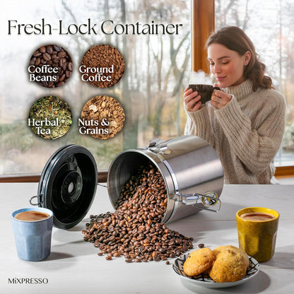 Mixpresso 16 Oz Koffiekan met Venster, Vlekvrye Staal Lugdigte Koffiehouer & skep, Fles Tee Stoor met Datumspoorder, Vakuumverseëlde Espressolugdigte Kanister, Suikerhouer