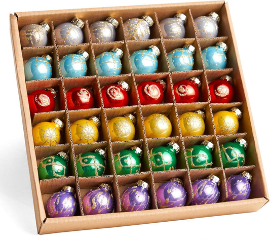 36 Stuks Kersfees Kleurvolle Minibalornamentstel, Metaalglas Klein Balle met Glansafdrukke & Toutjiehangers - Glansend