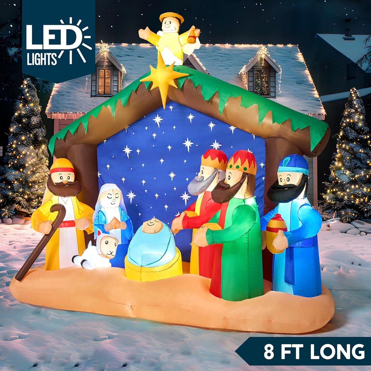 Joiedomi Kersfees Opblaas Nativity Toneel, Kersfees Opblaas Nativity Stel met Ingeboude LED's vir Kersfees Partytjie Werf Buiten Binnenshuise Tuin Grasperk Dekor