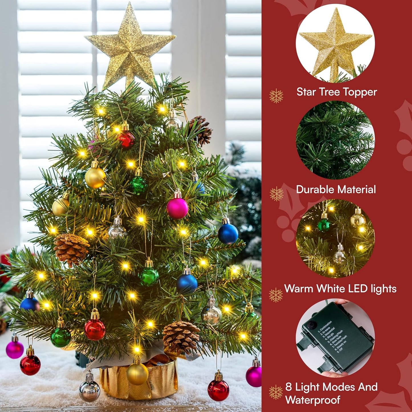 Mini sapin de Noël de table pré-éclairé 24"/60cm avec lumières chaudes, baies de houx, pommes de pin et ornements (doré)