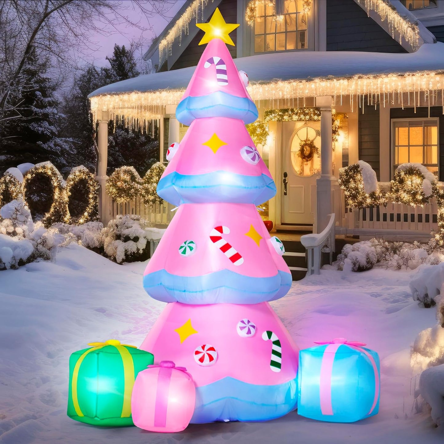 7 FT Tall Christmas Pink Tree Inflatables Outdoor Decoration w/ 3 Gift Boxes, Build-in LEDs