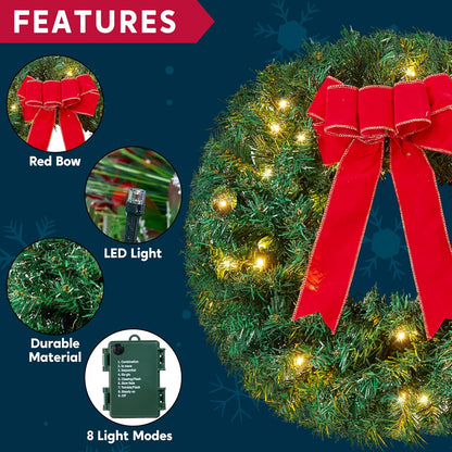 19" Christmas Pre-Lit WreathLED Lights with Ribbon (3 PCS) Wreaths  Christmas Decorations - Battery Operated