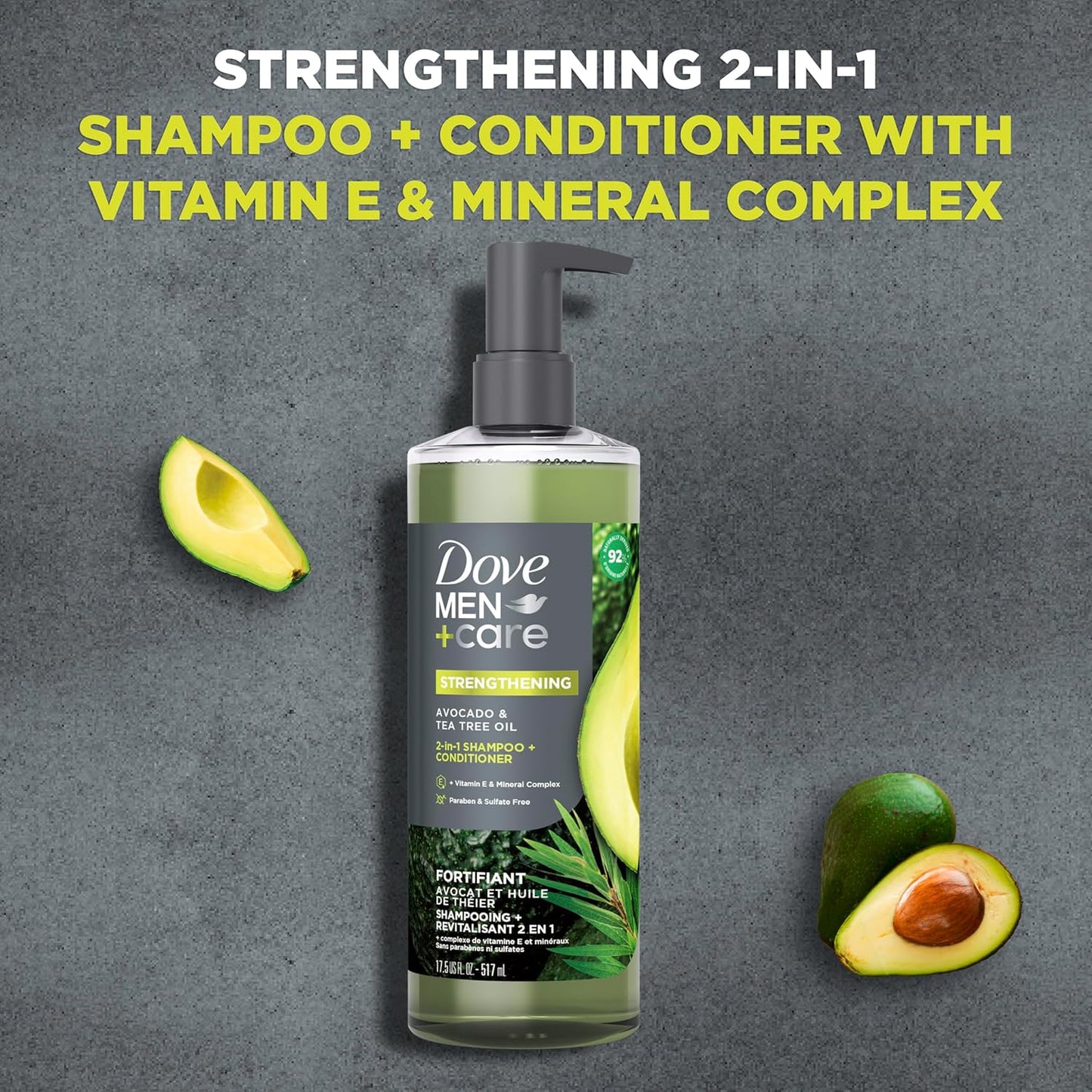 Dove Men Care 2-in-1 Shampoo + Conditioner - Avocado & Tea Tree Oil with Vitamin E & Mineral Complex, 17.5 oz (2PK)