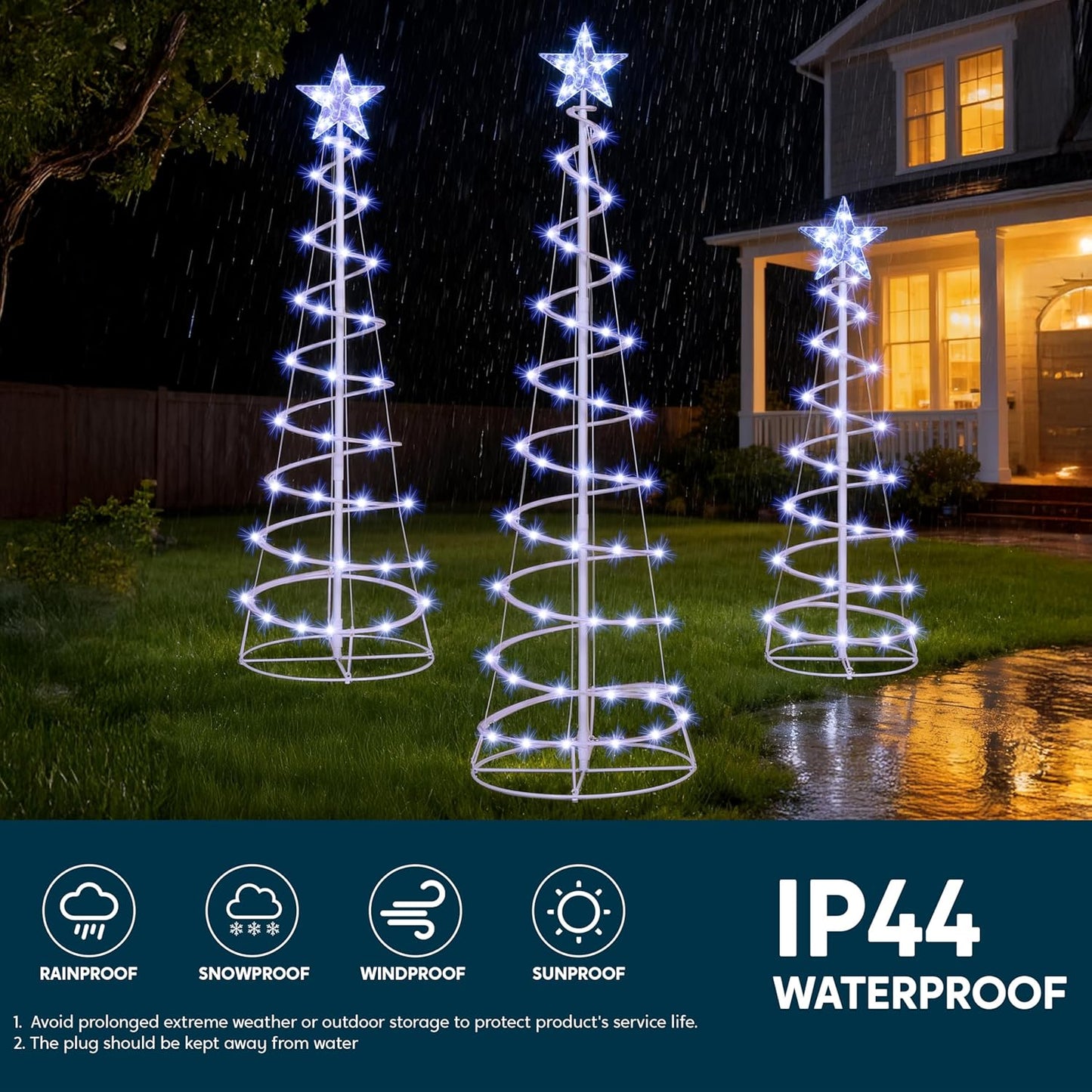 (3Pack) Spiral Christmas Tree Lights, 218 LED Outdoor Lighted Tree with Star Topper & Stakes, Christmas Decorations - Cool White