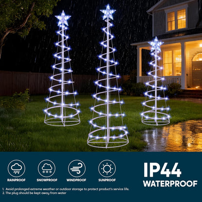 (3Pack) Spiral Christmas Tree Lights, 218 LED Outdoor Lighted Tree with Star Topper & Stakes, Christmas Decorations - Cool White