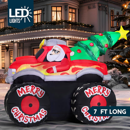(7FT) Long Christmas Inflatable Santa Driving Truck with Christmas Tree, Blow Up Santa on Truck with Build-in LEDs for Xmas Party Decor Yard Outside Garden Holiday Decoration