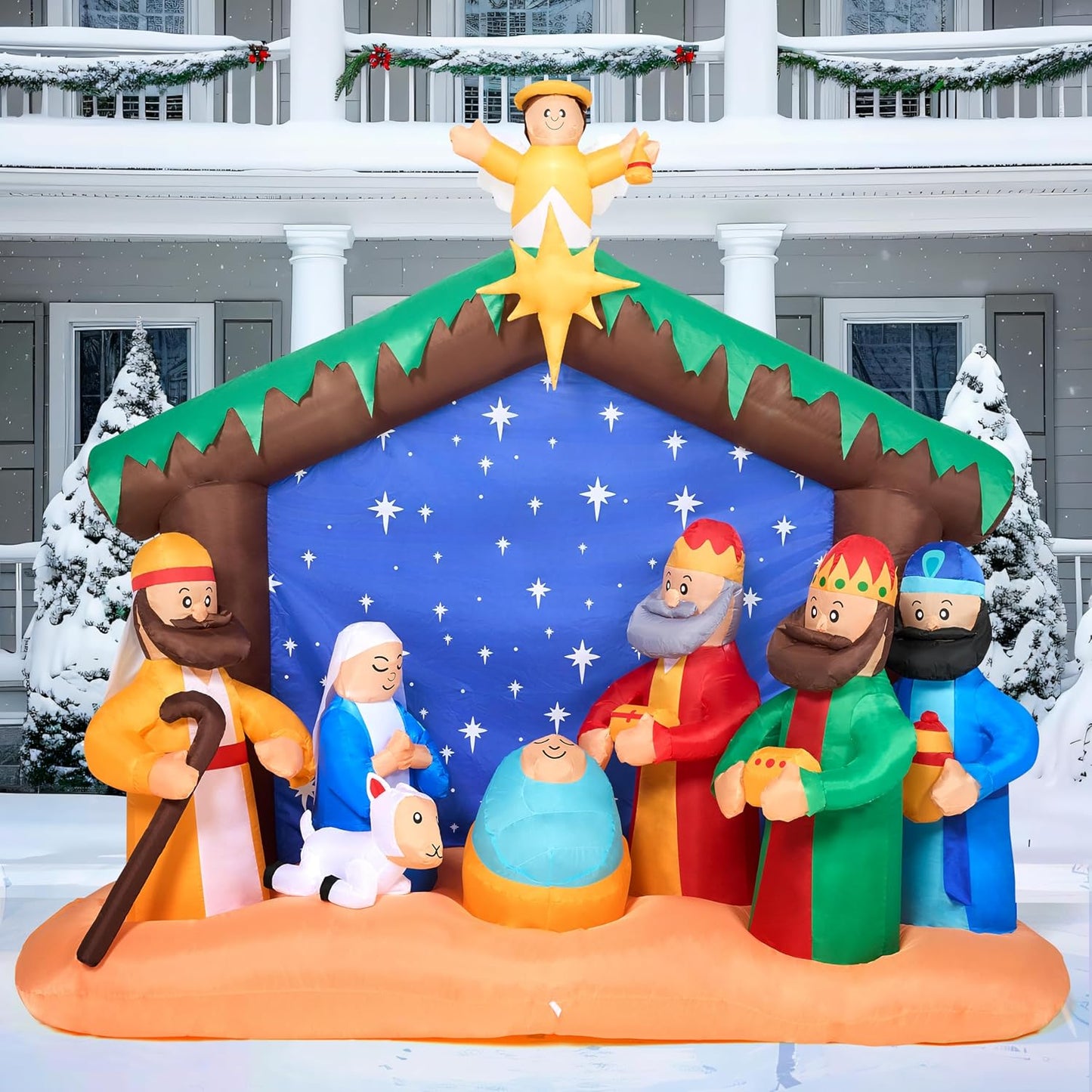 Joiedomi Kersfees Opblaas Nativity Toneel, Kersfees Opblaas Nativity Stel met Ingeboude LED's vir Kersfees Partytjie Werf Buiten Binnenshuise Tuin Grasperk Dekor