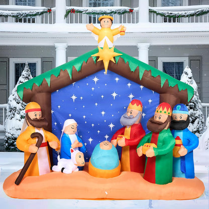 Joiedomi Kersfees Opblaas Nativity Toneel, Kersfees Opblaas Nativity Stel met Ingeboude LED's vir Kersfees Partytjie Werf Buiten Binnenshuise Tuin Grasperk Dekor