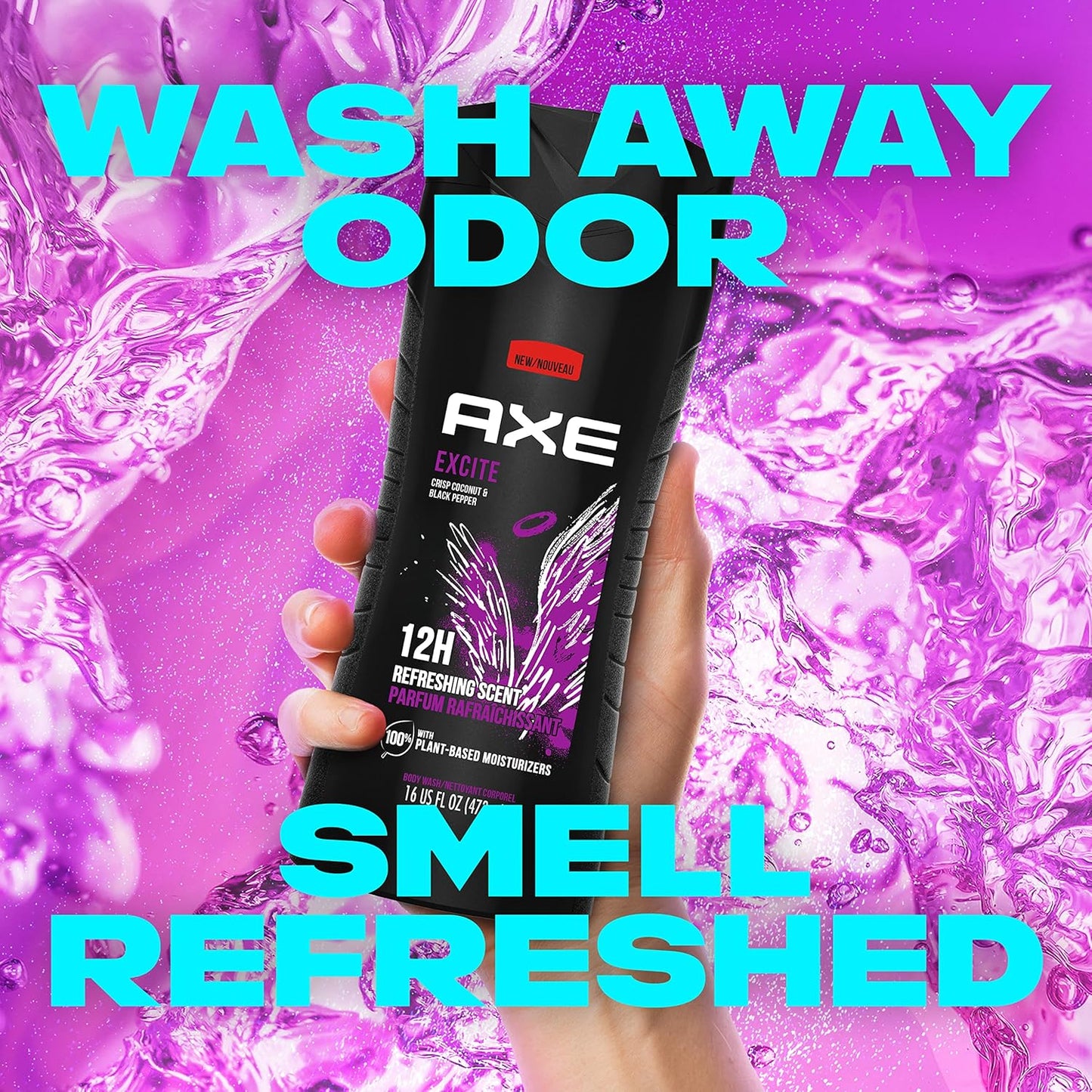 AXE Body Wash 12h Refreshing Scent Excite Crisp Coconut and Black Pepper Men's Body Wash 100% Plant-Based (16 oz) Pack of 2