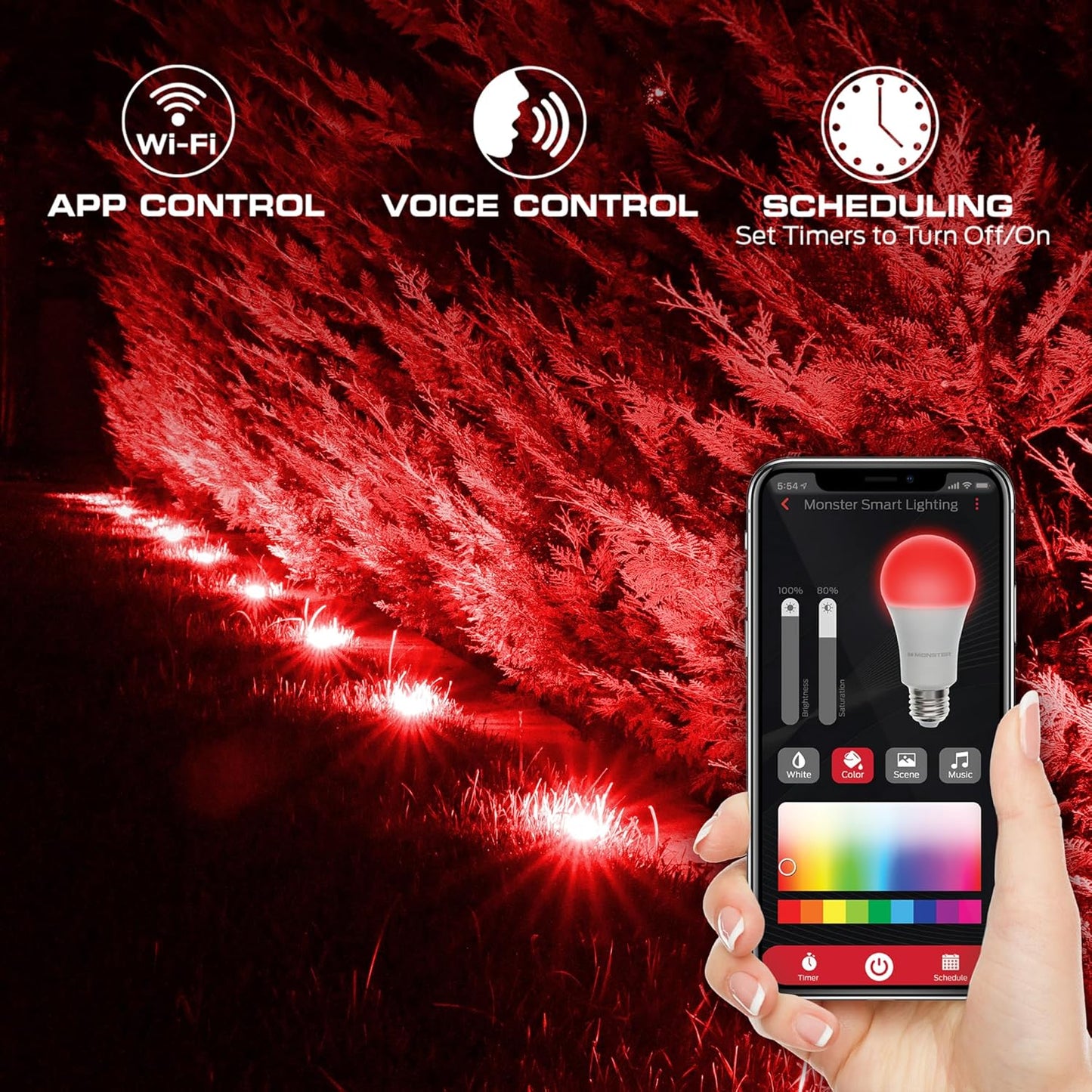 Monster Smart Outdoor Ground Accent RGB+IC+WW LED Lights, 50ft, 15 LEDs, Sound Reactive, Ground Stakes & Wall/Ceiling Mounts, Weather & IP44 Water Resistant, Works with Alexa, Siri, Google Home, App