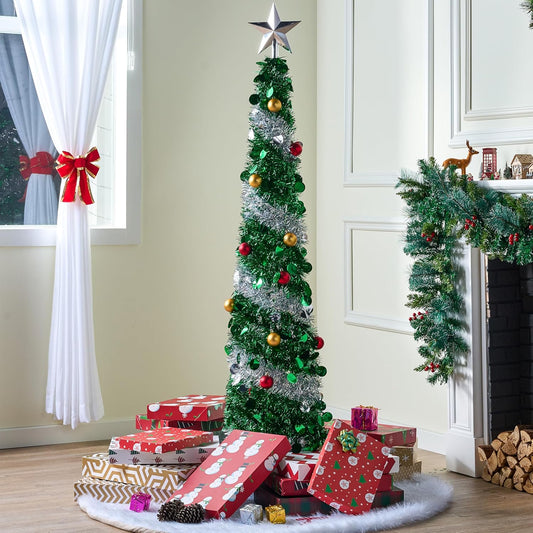 1.5 m Opvou Kersgroen Boom met Liggie, Ineenstortbare Klaterversierings, 50 Veelkleurige LED-ligte en Balornamente