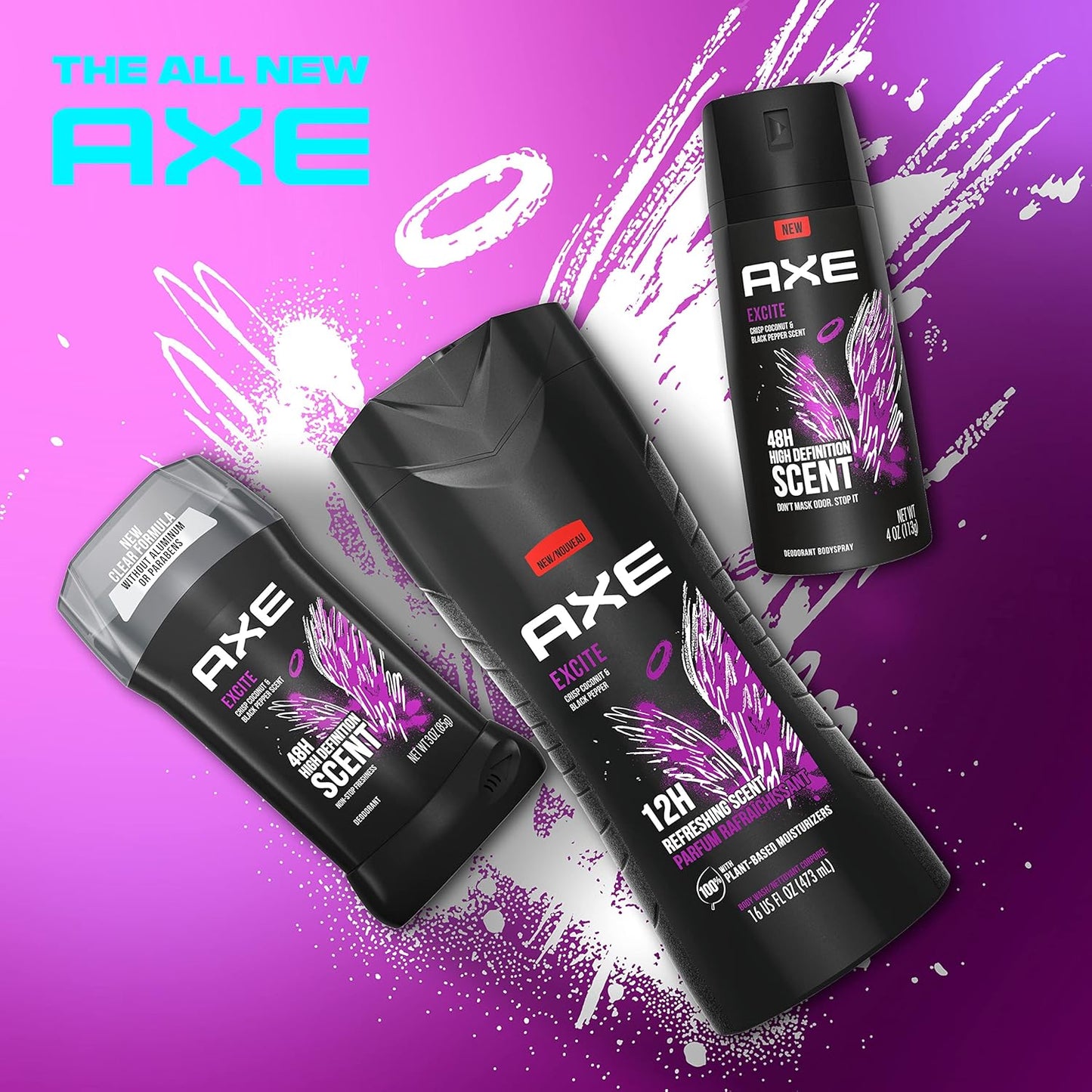 AXE Body Wash 12h Refreshing Scent Excite Crisp Coconut and Black Pepper Men's Body Wash 100% Plant-Based (16 oz) Pack of 2