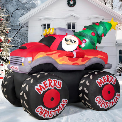 (7FT) Long Christmas Inflatable Santa Driving Truck with Christmas Tree, Blow Up Santa on Truck with Build-in LEDs for Xmas Party Decor Yard Outside Garden Holiday Decoration